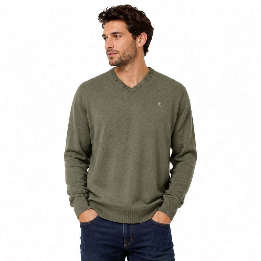 Scalpers Mens XL Olive Green V-Neck Sweater Skull Logo Fine Knit Long Sleeve‎